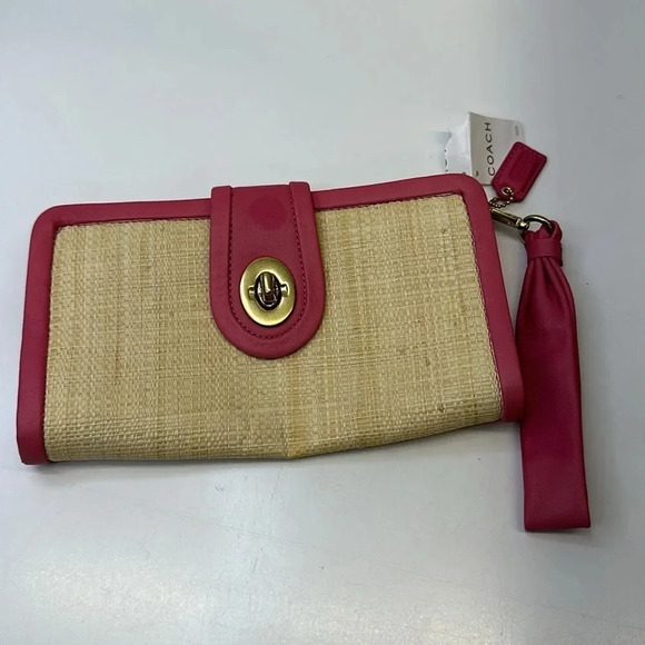 Coach Park Straw Clutch Handbag Small Purse Leather Metal Gold Tan Pink New NWT - Picture 1 of 13